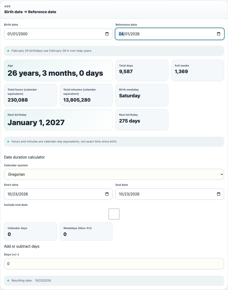 Real screenshot of Sikelia Tools Age Calculator showing January 1, 2000 to April 1, 2026 resulting in 26 years, 3 months and 0 days