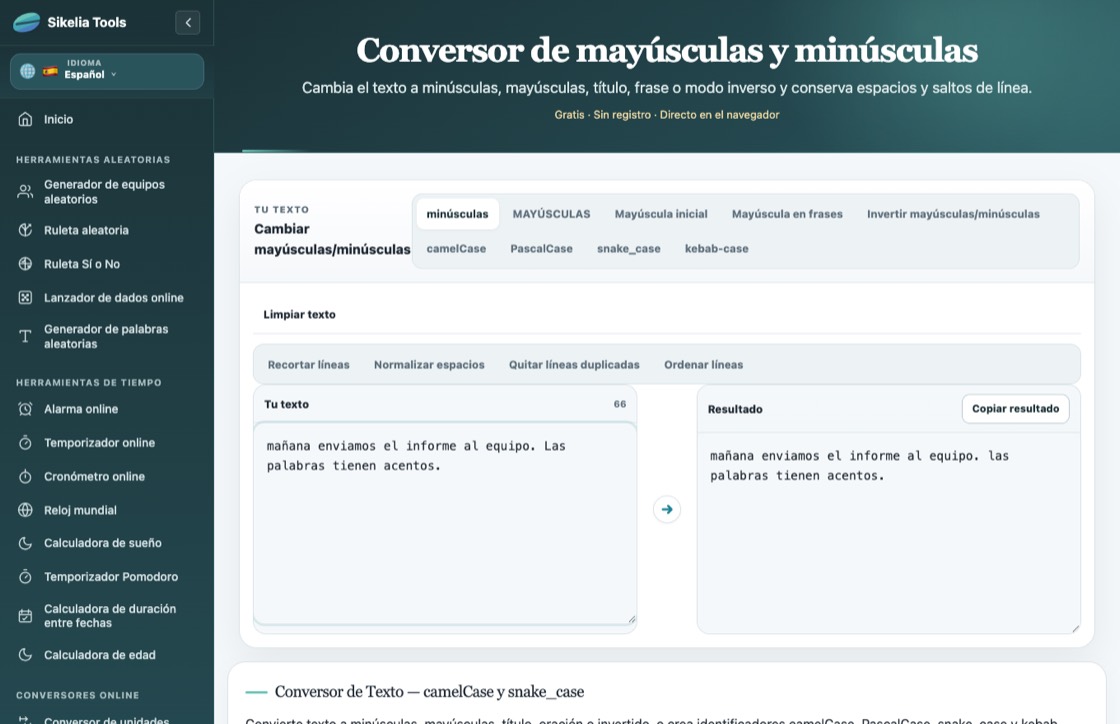 Captura real del conversor de texto Sikelia Tools en español mostrando una frase y las opciones para cambiar entre minúsculas y MAYÚSCULAS