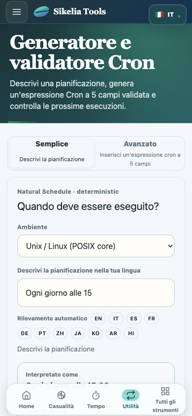 Generatore Cron Sikelia Tools su smartphone, interfaccia mobile con pulsanti della navigazione inferiore