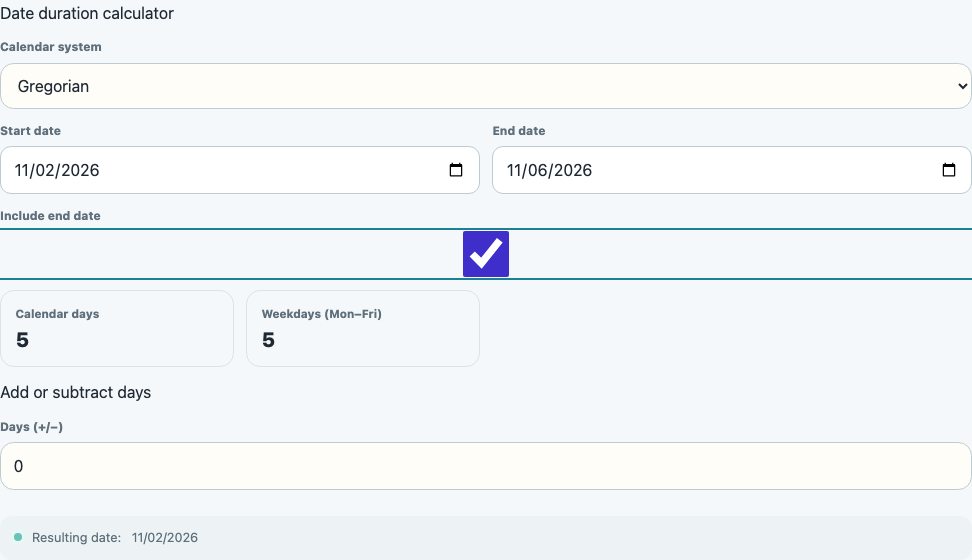 Real date duration calculator screenshot counting five calendar days and five weekdays from November 2 to November 6, 2026 with the end date included