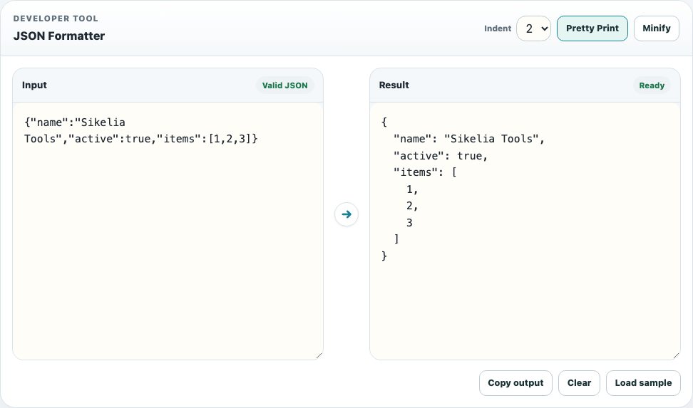 Real Sikelia JSON Formatter showing a valid sample object pretty-printed with two-space indentation in the browser