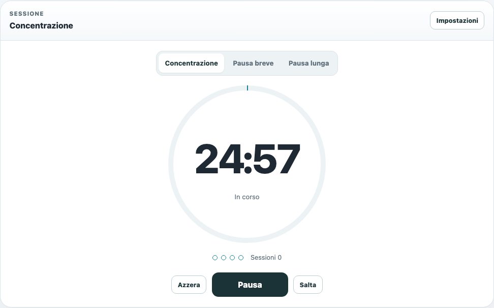 Screenshot reale del timer Pomodoro Sikelia Tools in italiano durante una sessione Focus avviata, con conto alla rovescia e comandi pausa e reset