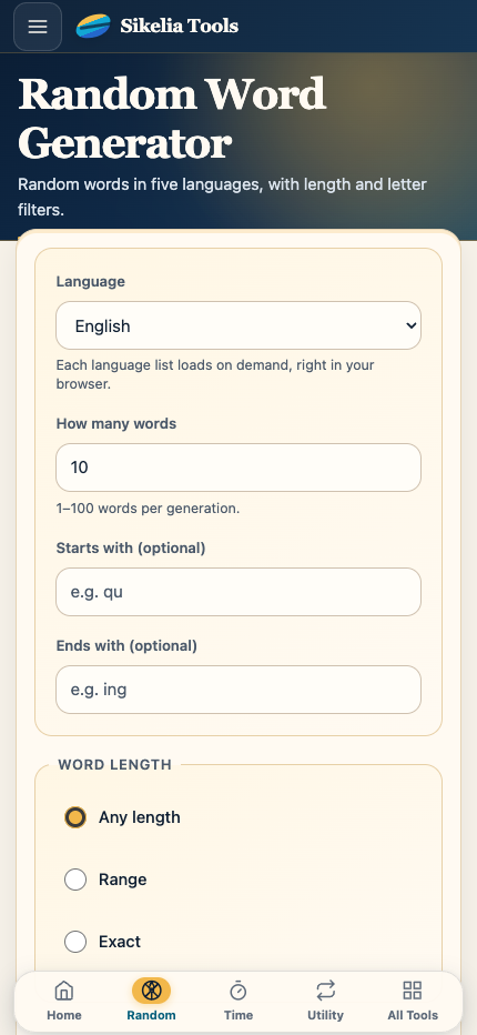 Random Word Generator interface