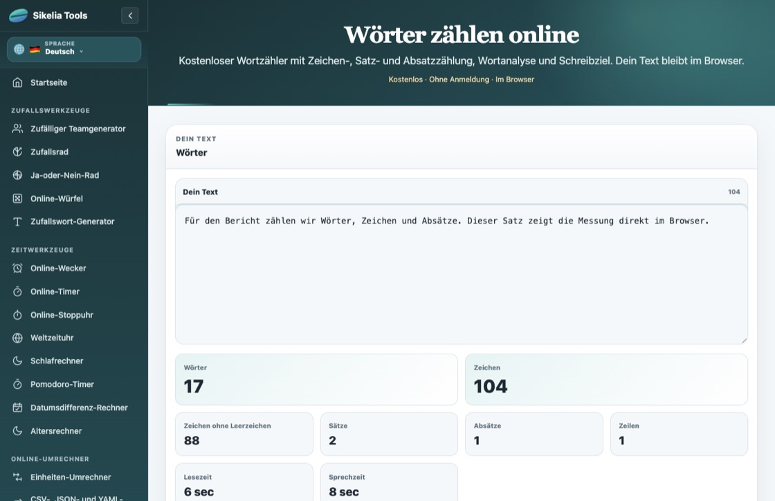 Screenshot des echten deutschen Wortzählers von Sikelia Tools mit eingefügtem Beispielsatz und Wort- und Zeichenstatistik